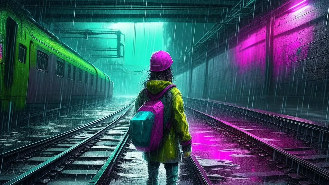 cyberpunk, A realistic charcoal sketch of abandoned train tracks cutting through a post-apocalyptic urban landscape during a storm, showing a female Asian figure seeking shelter under a broken bridge as rain pours down., vaporwave, neon colors, science fiction, detailed scene