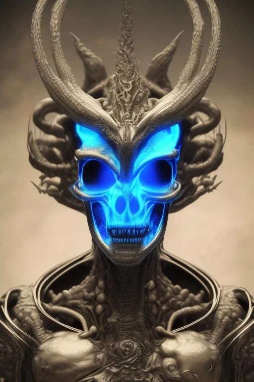 blue alien, head, evil, red eyes, weapons, blood, 8k, finely detailed, photo realistic, HR Giger style turquoise skull head gold dragon Mexican alien moon skeleton Viking helmet Black background