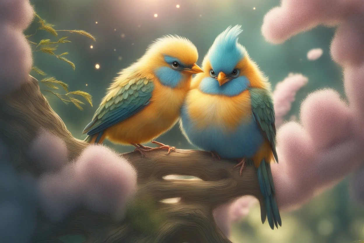 Very fluffy bird couple love, flora, in sparkling sunshine Weight:1 detailed matte painting Weight:0.9