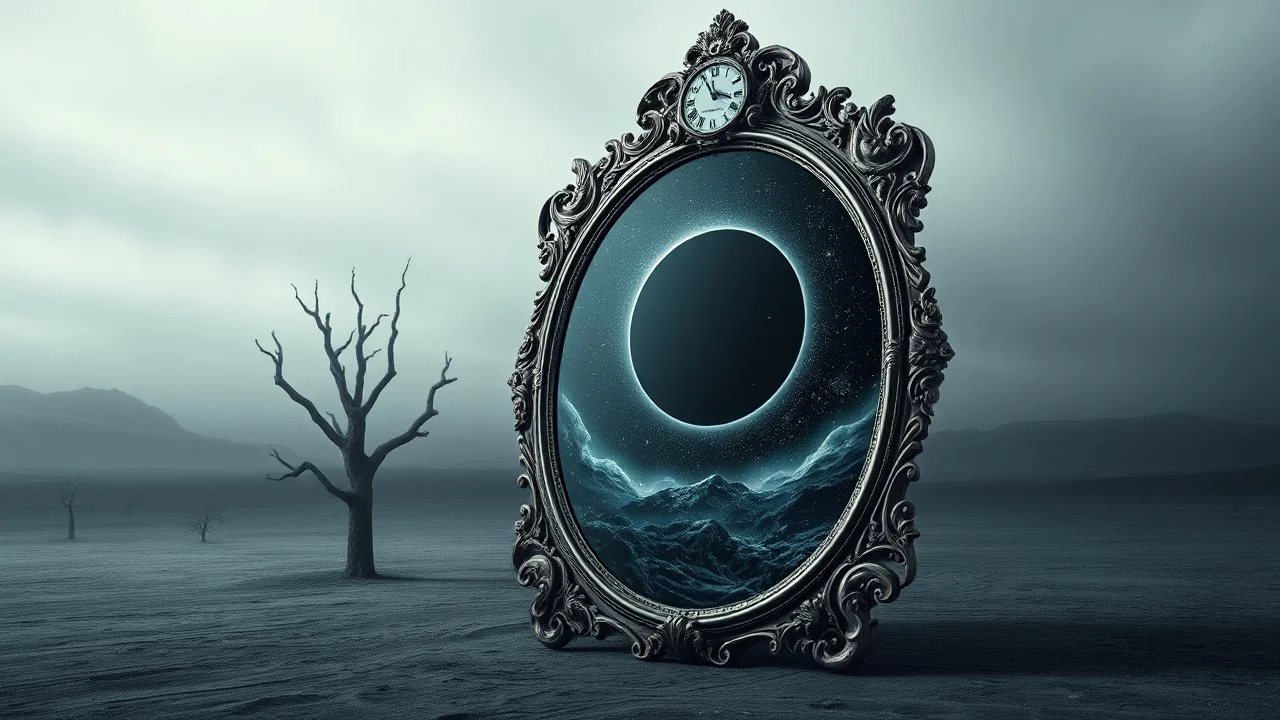 A monumental baroque mirror standing in empty gray desert landscape Cold gray reality outside the mirror, subtle fog. antique clock above the frame showing exactly 12:00 midnigt. Inside the mirror lies the Realm of Midnight: a colossal black eclipse above an endless cosmic abyss, melting stars, brocken hourglass inside the mystic mirror, and big abyss of universum, the mirror one gate into the physical dimension. Dark surreal vibe,