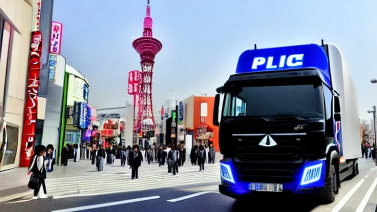A police Tesla Cybertruck is chasing a Tesla 'Model S Plaid' at top speed, across the 'Universal Studios Japan', in Osaka. CINEMATIC. WIDE ANGLE LENS. PHOTO REAL.