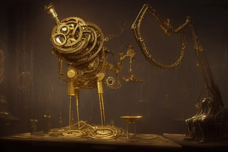 concept art of a giant mechanical clockwork marionette made of brass and gold in a dark moody interior, puppet, ornate, engraved highly detailed, fantasy, render, digital painting, trending on artstation, illustration, in the style of piotr jablonski, artgerm and greg rutkowski, dishonored, arkane lyon