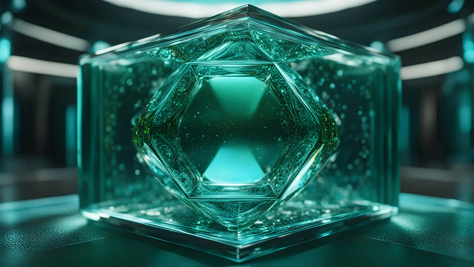High-end, time as the fourth dimension tesseract, green blue 4th dimensional liquid glass, awesome cinematic-quality photography, symmetrical Four-dimensional space 4D infinity, Vintage style with Octane Render 3D technology, hyperrealism photography, (UHD) with high-quality cinematic character render, Insanely detailed close-ups capturing beautiful complexity, hyperdetailed, intricate, 8K resolution