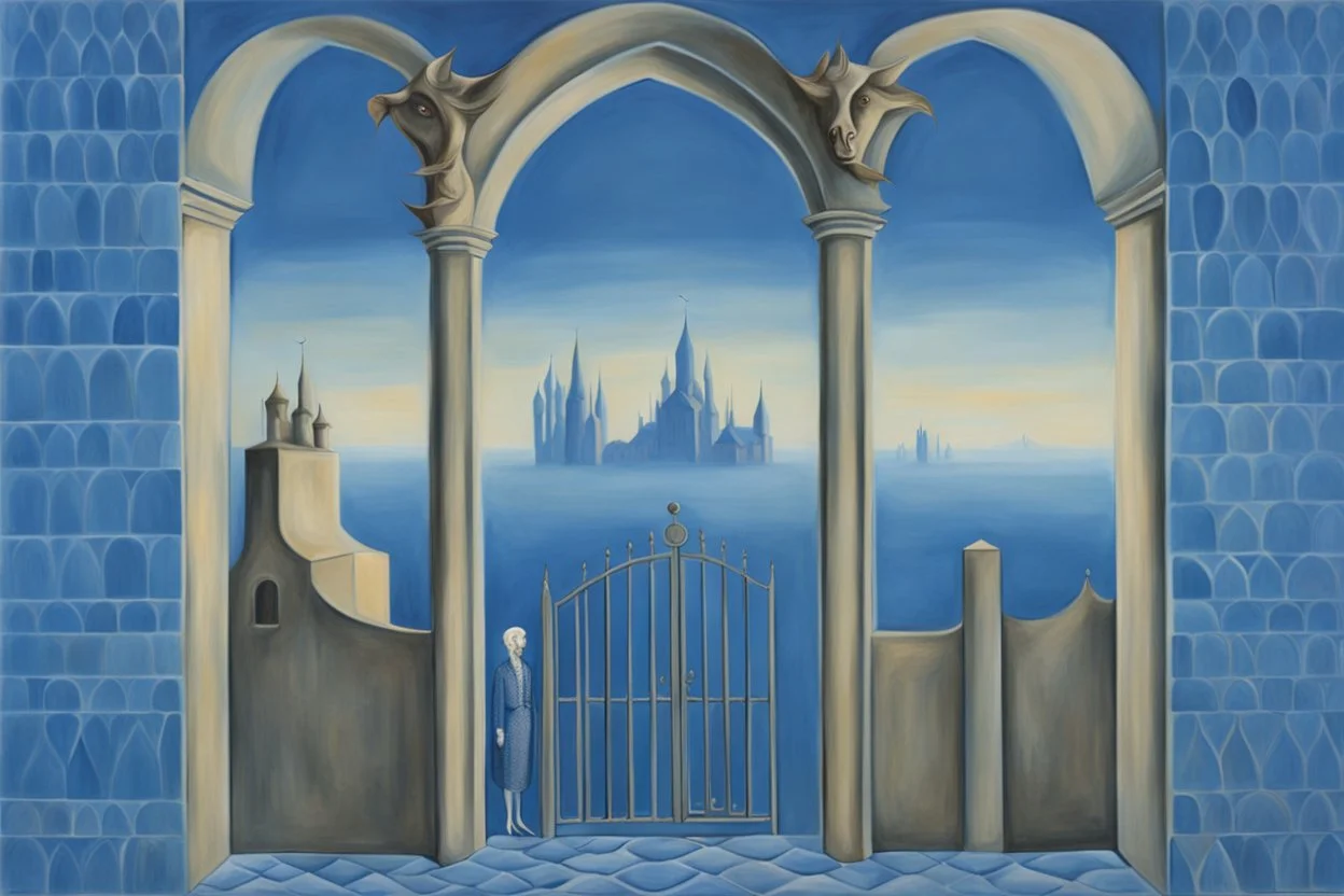 an open gothic gate in a blue-tiled wall with a view of an old city by artist "Rene Magritte",by artist "Leonora Carrington"