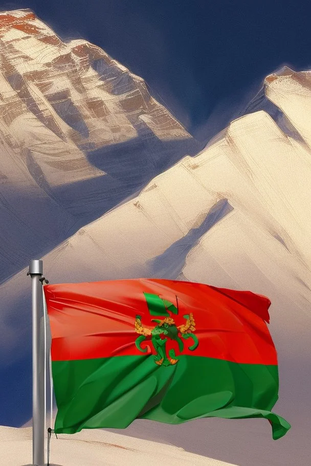 a hungarian flag (red-white-green) on the summit of mount everest by Jean Baptiste Monge in sunshine