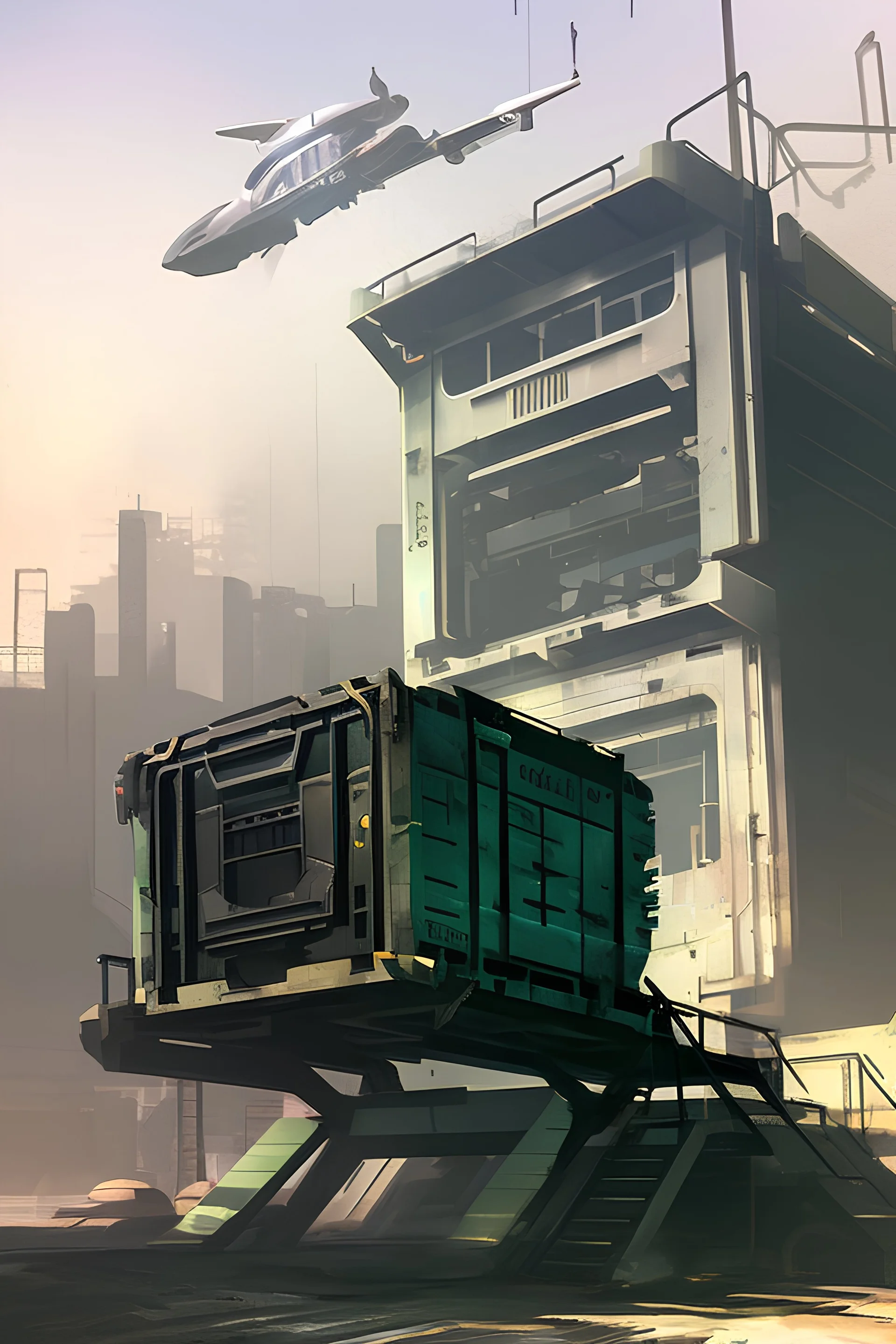 lifting crate into a scifi hanger grungy