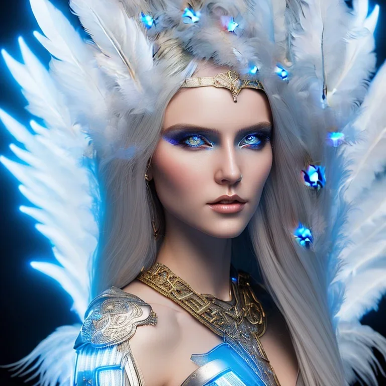 A beautiful portrait of a cute smiling cyberpunk woman with wings, long blond platinum hair, luminous blue eyes, high key lighting, volumetric light high details with blue and white stripes and feathers and white luminous celtic paterns, beam starry background