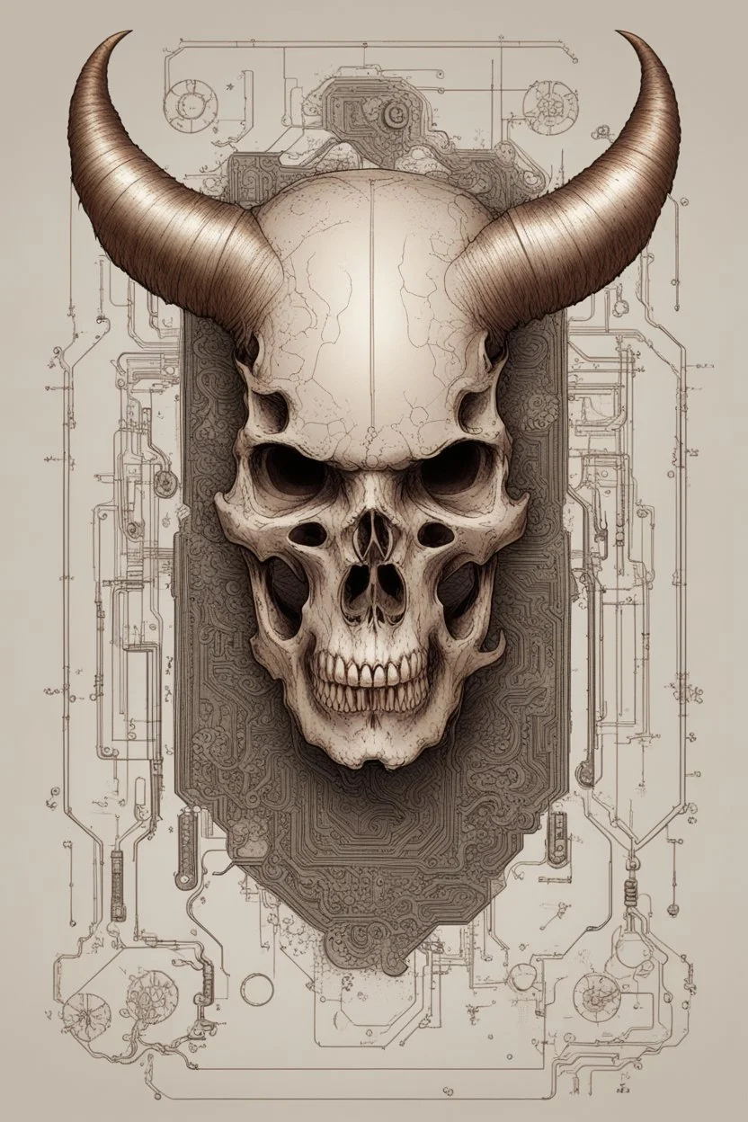 a devil's skull with circuitry for horns