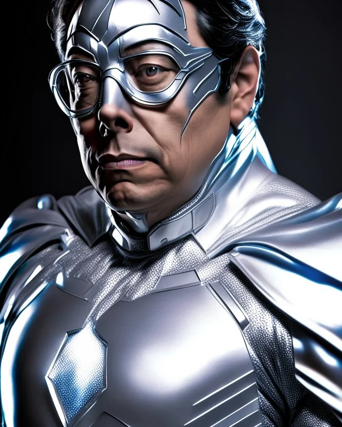 Photograph the frontal profile of Gustavo Petro in a silver Superhero suit with hyper-detailed