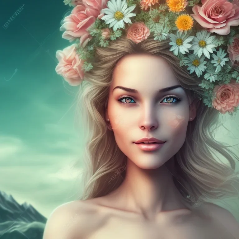 portrait de femme fée souriante,cascades,détail,texture,qualité 8k,olhos ,ludique,montagnes,nature,fleurs