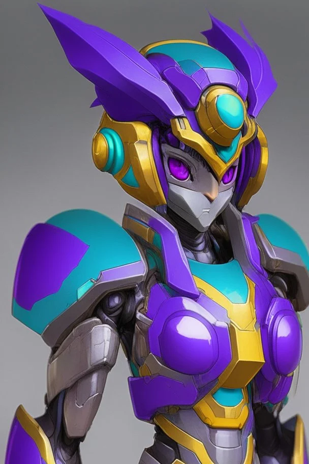 One Genderless Cyborg made of old metal, has a human like face with a really long violet ponytail, the armor is similar to Omega from Megaman. The color palatte of the armour is deep purple and yellow. They have clear visor, and have Turquoise colured eyes.