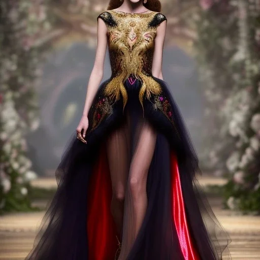 stunning extrem opulent haute couture gown designed by Marchesa inspired by fairies, realistic epic elegant fantasy color mix of black and gold and dark red,decorated with precious stones, detailed, high quality, intricate, fantasyland background,