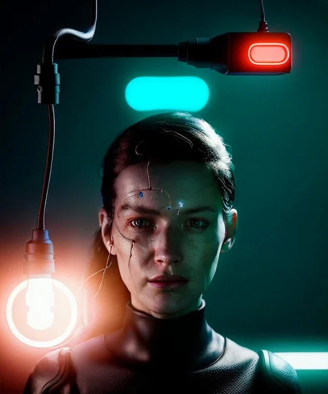 Ultra realistic photographic night portrait, cinematic, <nordic woman> <hanging wires> <retro monitor> many wires coming out of the head <perfect pupil> <cyborg arm> <garage> <wide angle Shot> <sci-fi futuristic> <thriller>, neon lights, color fog, soft color, highly detailed, unreal engine 5, ray tracing, RTX, lumen lighting, ultra detail, volumetric lighting, high definition.