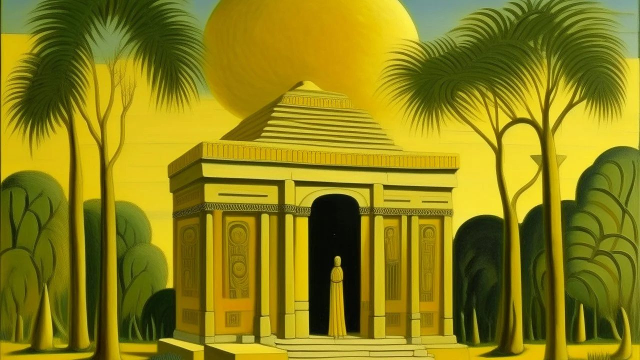 A pale greenish yellow sun temple designed in ancient Egyptian hieroglyphics painted by Henri Rousseau