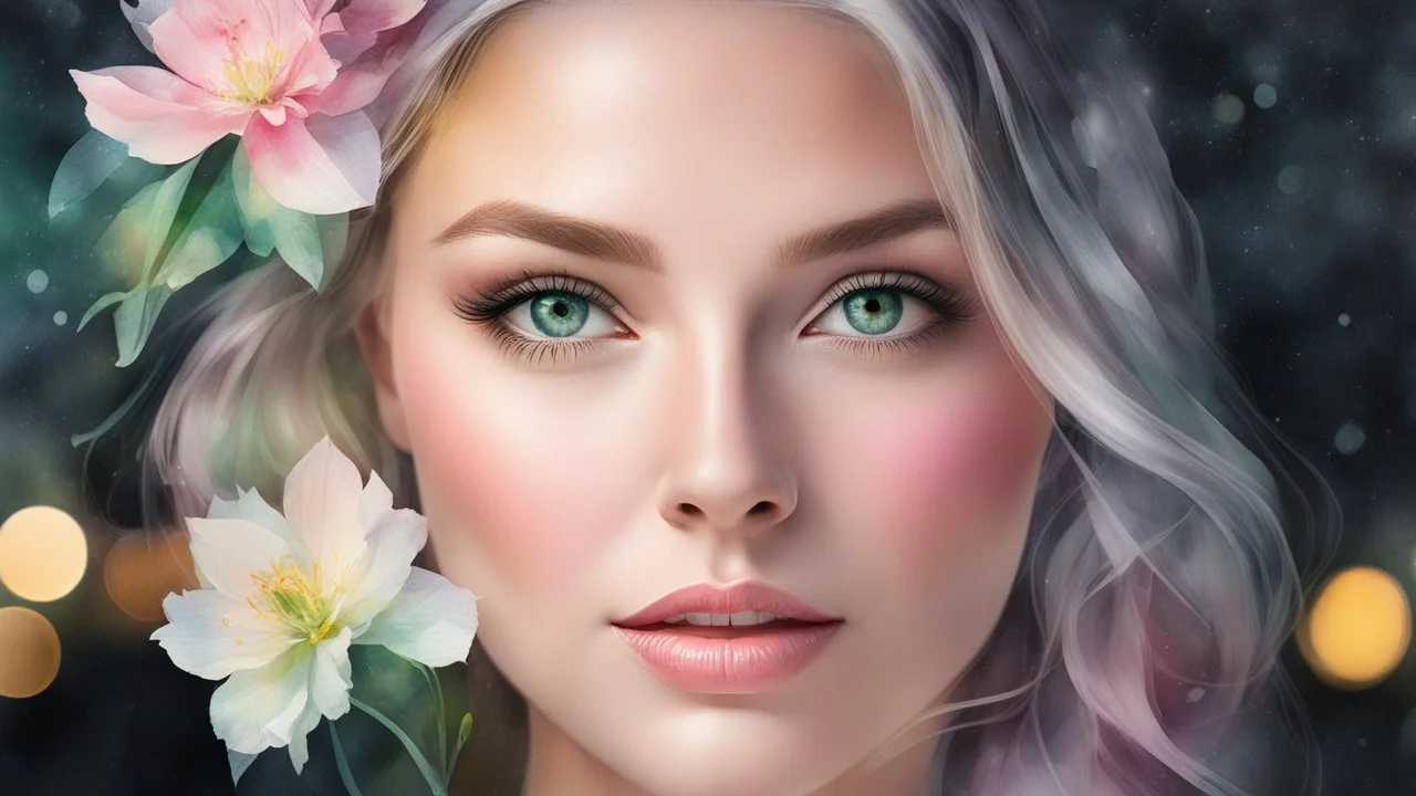 woman, night, city, flower, watercolor, glow, transparency, lumen, professional photo, 3d, 64k, high resolution, high detail, computer graphics, hyperrealism, f/16, 1/300 s. highly detailed digital painting, double exposure, colors: white, silver, gray, delicate pink, delicate green, delicate blue, beige, delicate lace, pastel photorealistic painting, watercolor, tenderness, pastel,