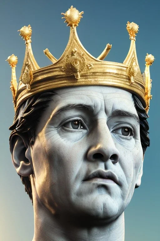 Ultra Realistic image, classic sculpture, white marble material, Maradona, gold crown of natural thorns, god crown, gold veins, gold ornaments, sun rays background, waist up portrait, epic, celestial, cinematic lighting, God lights, 4k resolution, smooth details, soft lighting, unreal engine 5, art station, substance 3d.