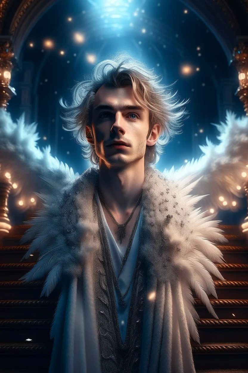 hair standing straight up, fluffy clouds, intense eyes,looking upwards, white pupils, close facial portrait of the streetwise magician posing in elaborate cape, angels and demons, fireflies , staircase with closed gates of heaven, 4 k, down light, depth of field, trending art, high detail