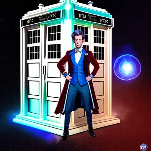 Prince as Doctor who standing next to his tardis, photo realistic, —creative