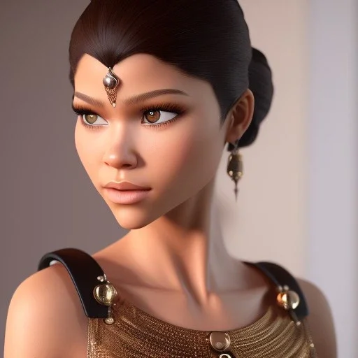 Zendaya, leather necklace, bare shoulders, cute big circular reflective eyes, closeup portrait, frontal view, Pixar studio movie style, unreal engine cinematic smooth, intricate detail, cinematic