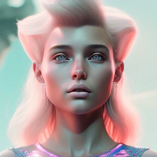 A portrait of a crystalised girl,sexy, smiling, longsand blonds hairs, atmospheric, realistic,, cinematic lighting, octane render,, pink turquoise light