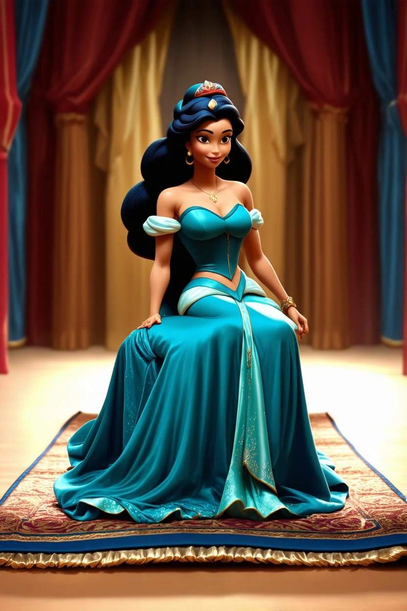 as Disney’s Princess Jasmine sitting on a magic carpet looking beautiful. (((8K, Ultra High Definition, Intricate details, hyper-realistic))) (((FULL BODY))) (((FULLY CLOTHED))) (((FULL COLOR)))