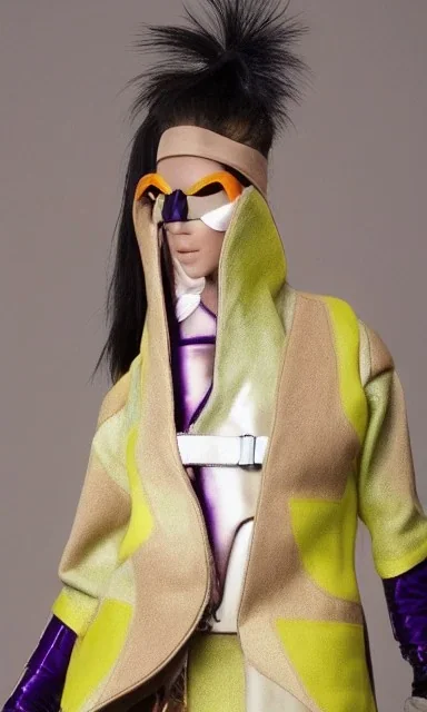 Model catwalk, asa akira. Camouflage colors are terracotta, cream and purple, lilac and Cream latex! European daft punk woman. Mantle is sewed of recycled Denim and sewed together of recycled polymer felt. Yellow(Munsell) areas. hint of orange as effect color!!Big bright purple/khaki felt tippet and cream or blue or lilac colored-hood. mantle is merged with satchel. . AKG-style headphones (gold rings!) is merged with small felt cap with small visor. Style: Haute Couture in 1990's