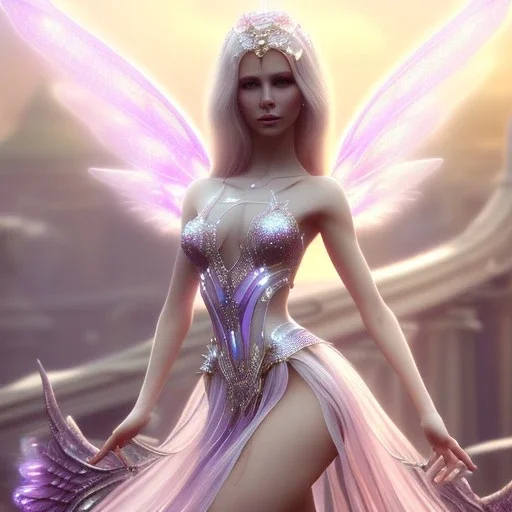 beautiful fairy very etheric, nice smiling, long blond hair, magic glamour pink make up, delicate colors, complete vision of very transparent and big wings, beautiful glamour transparent dress, ultra sharp focus, 8k, unreal engine 5, extremely sharp detail, light effect, soft light atmosphere, smooth, full of details, face in front, complete vision of face and hair and of the body