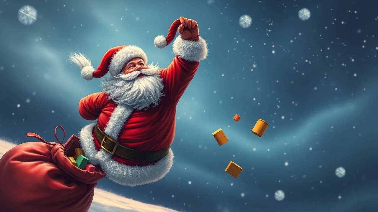 Santa Claus is floating in the wind, holding on, holding his hat with his other hand, gifts are falling out of the bag