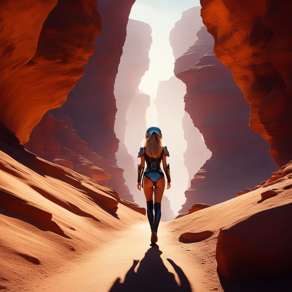 The scene opens with a blonde, glamorous girl walking through a canyon, her every step exuding an air of confidence and allure. As she moves forward, the canyon walls come to life, their rocky surfaces adorned with alien helmets that glisten in the soft light. Viewed from behind, her silhouette against the backdrop of the otherworldly helmets creates a striking image of beauty and intrigue. The way her curves sway with each step, the way her hair cascades down her back, all add to the irresistib