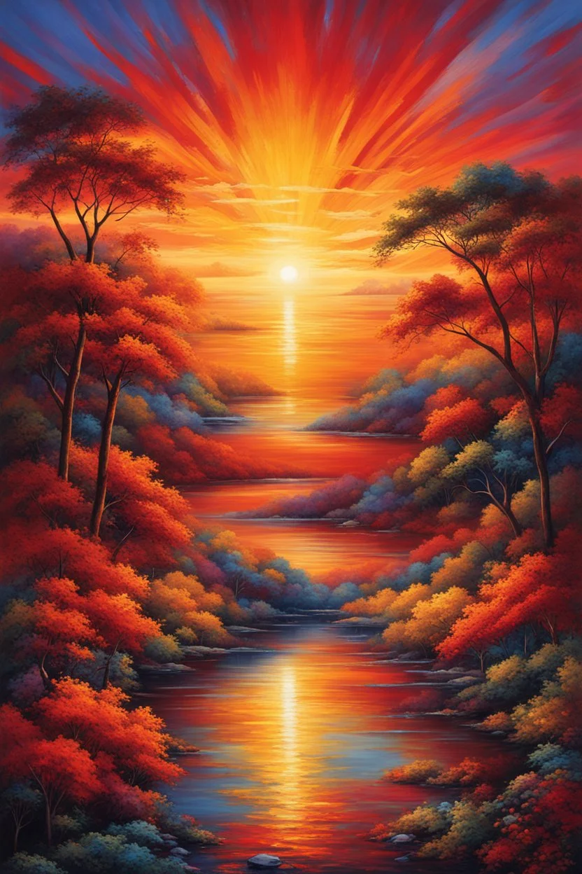 Behold a sunset's vibrant hue, A painted scene so fair and true, Oil strokes breathe life upon the canvas, Nature's palette, a divine statement. With crimson fire and golden tints, A masterpiece, where beauty imprints, The sun, a brush, in the sky's expanse, Creating a landscape, a sublime romance. A kaleidoscope of colors blend, As twilight whispers, softly descend, And as the day bids its last adieu, A masterpiece unveils, to the view. Let us behold this artistry rare, A sunset painting, be