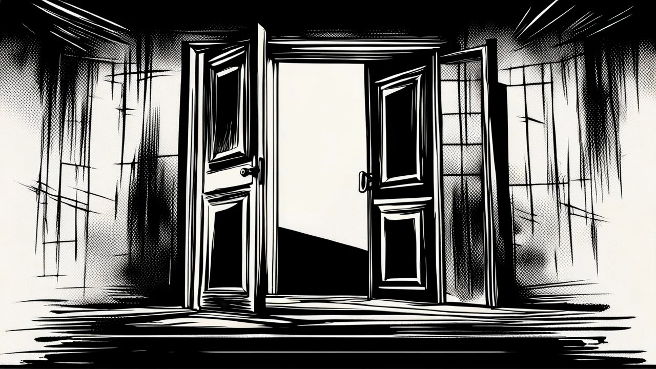 unhinged door, anime, monochrome, black background, ink, simple, maximum quality