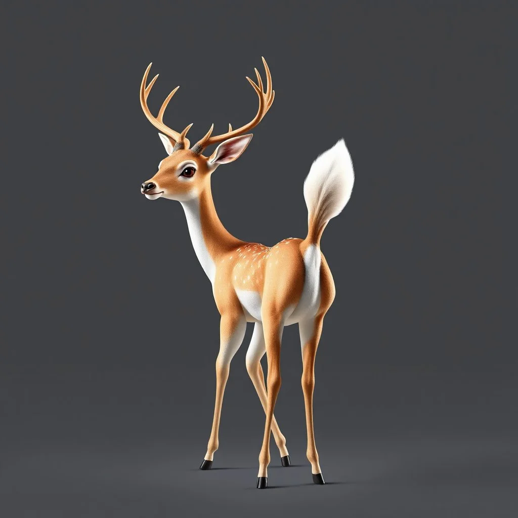 full body of a bald adult white tail deer, proud, heroic, chest out, tail upward, on flat background, in the style of 'My Little Pony' and adult Bambi, fantastic lighting, no spots