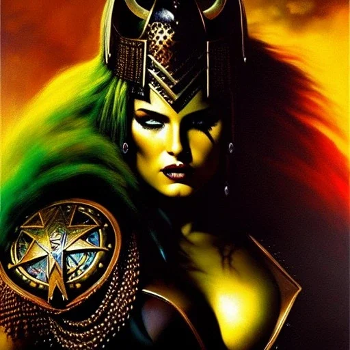 portrait oil on canvas, beautiful punk busty female Savage Barbarian Warrior, riding a Black Horse,green eyes, ,minimal armor,comic book cover, mystical colors,insanely detailed,realistic,intrincate detail, 16k resolution, masterpiece,Frank Frazetta,Alex Horley, Simon Bisley