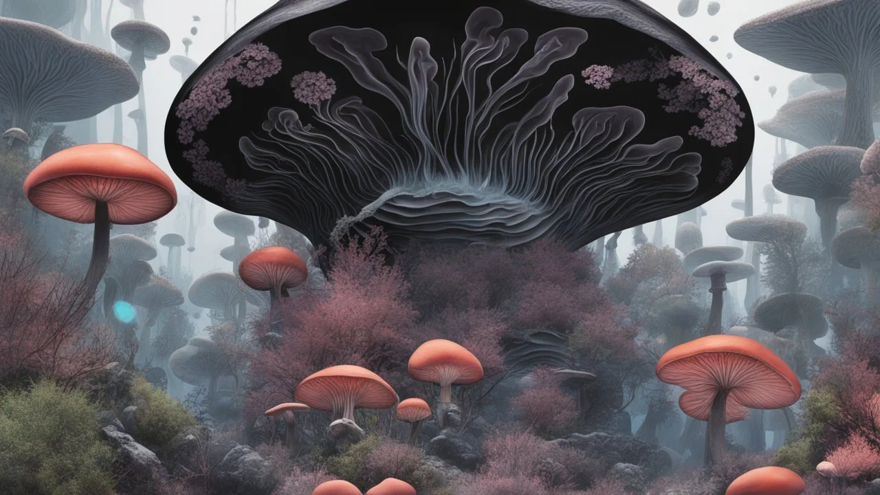 Exotic Flora, fauna, mushrooms, fungi and coral dripping black liquid in the Multiverse