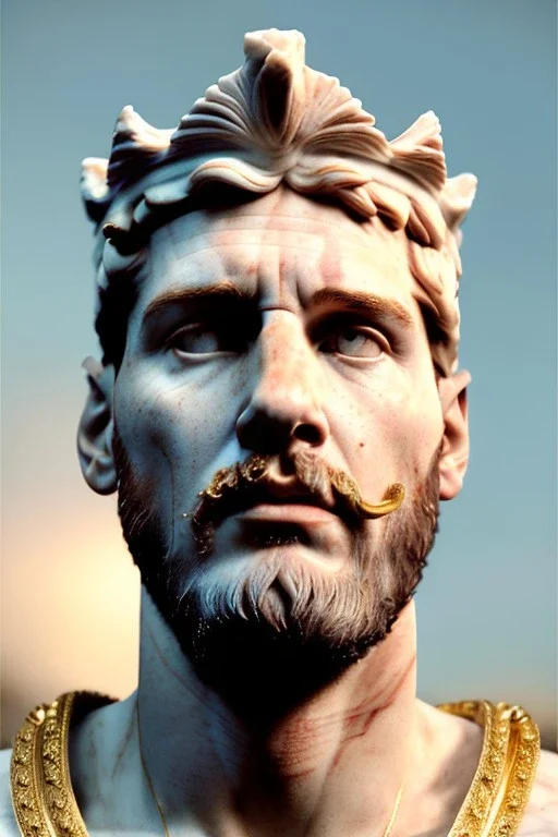 Realistic image, Roman sculpture made in white marble with gold veins, Lionel messi with gold laurel leaves crown, decorative star on the chest, waist up portrait, marble material, gold ornaments, Baroque style, sun rays background, epic, celestial, cinematic lighting, God lights, 4k resolution, smooth details, soft lighting, unreal engine 5, art station, substance 3d.