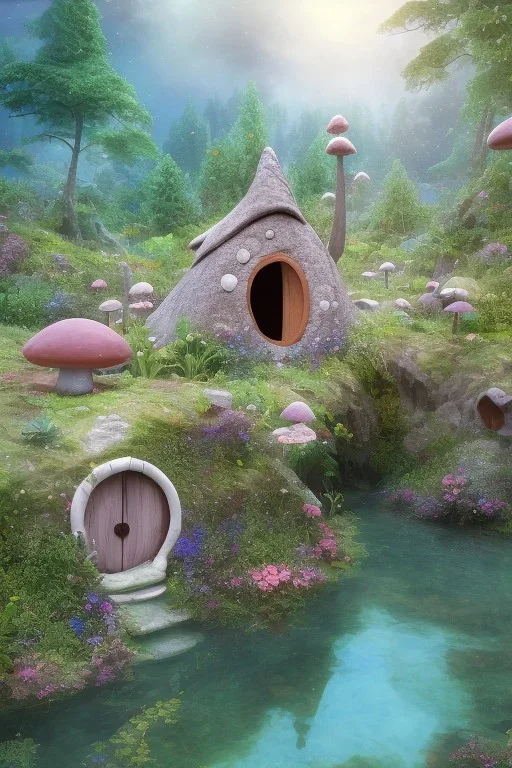 lac turquoise, petit rocher avec mousse, hobbit house,great flower fleurs pink and white, champignon, elfe très beau, etoile filante, cristaux, vray, cgi