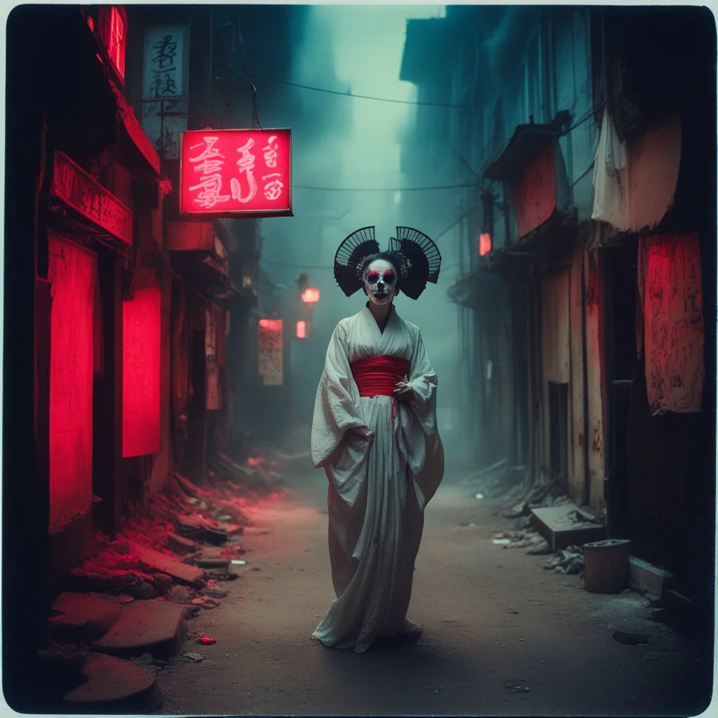 Dramatic Vintage Polaroid picture, fantastical pale mottled skin crepey Geisha reaper with red glowing eyes levitating in a derelict alleyway in a city at midnight, dark fantasy aesthetic, dramatic city fog, dust motes hang in air, lit by ambient light from neon "BAR" sign, intricately detailed, complex contrast, dynamic composition; oddball masterpiece, sfumato, sinister,