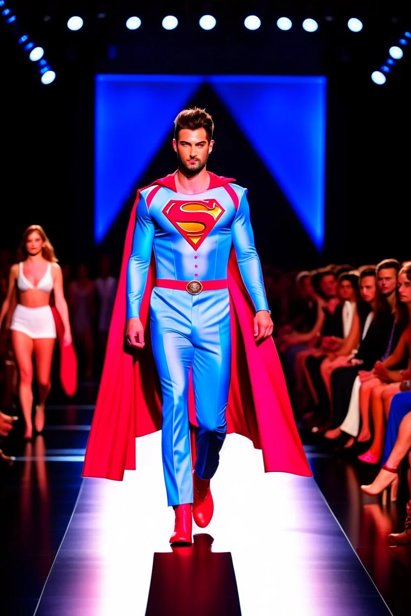 A guy on a fashion runway with Superman elegant Clothes