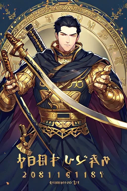 A handsome 30 year old knight, black hair, male bob haircut, in black-and-gold plate armor, golden katana in both hands, no beard, european, proper arms