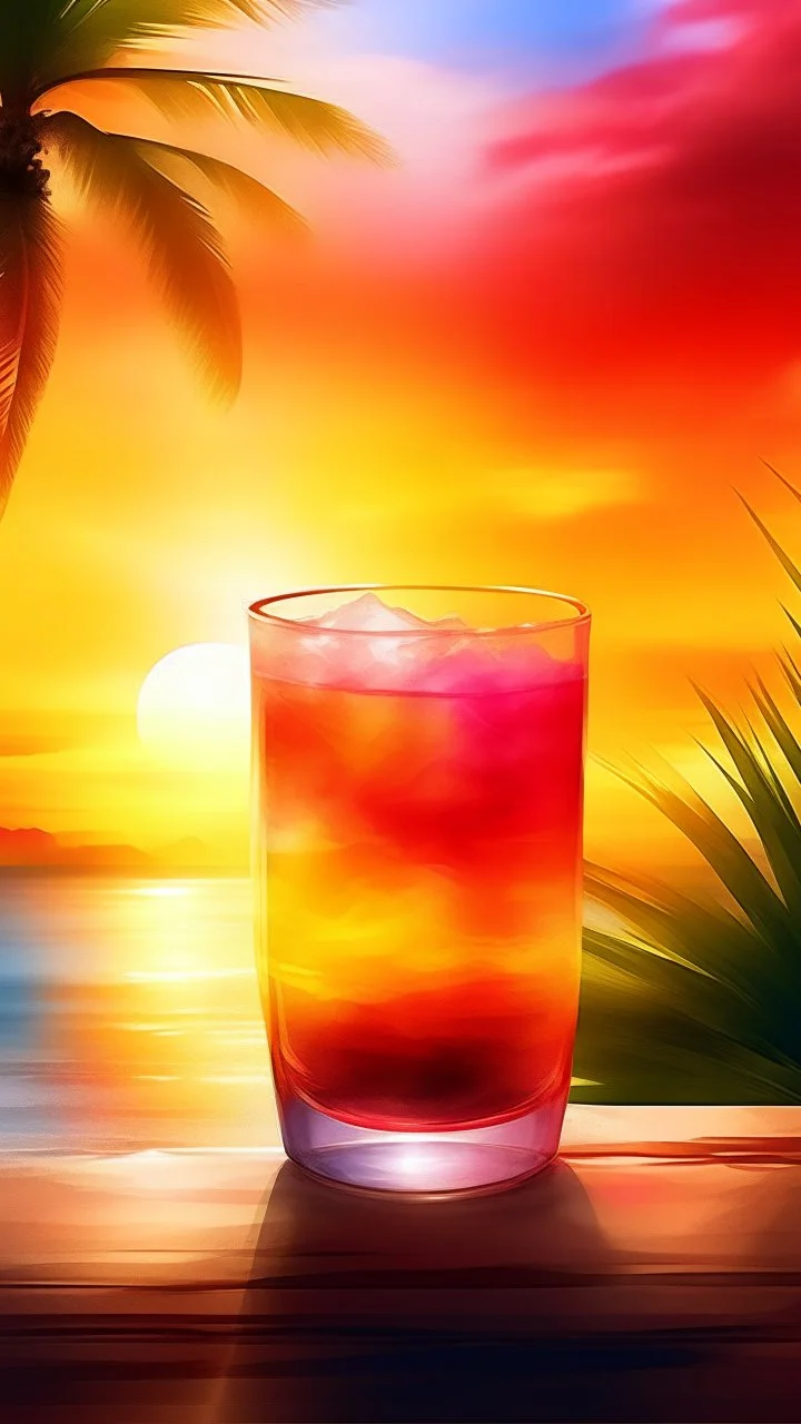 A refreshing tropical drink with a vibrant sunset in the background, rendered in a watercolor style.