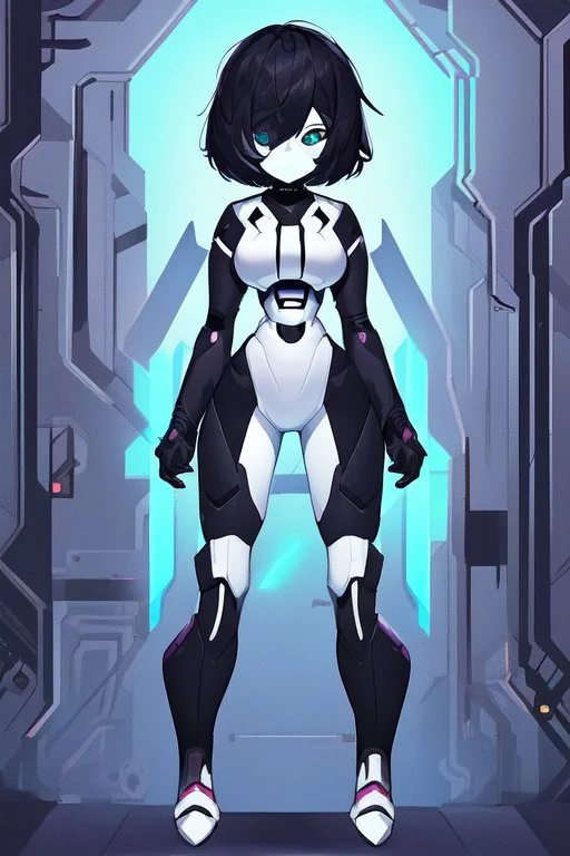 Cyberpunk hacker, black hair, short hair, cybernetic eyes, standing in mists, Female, dark art, Ivory Peach skin, cute