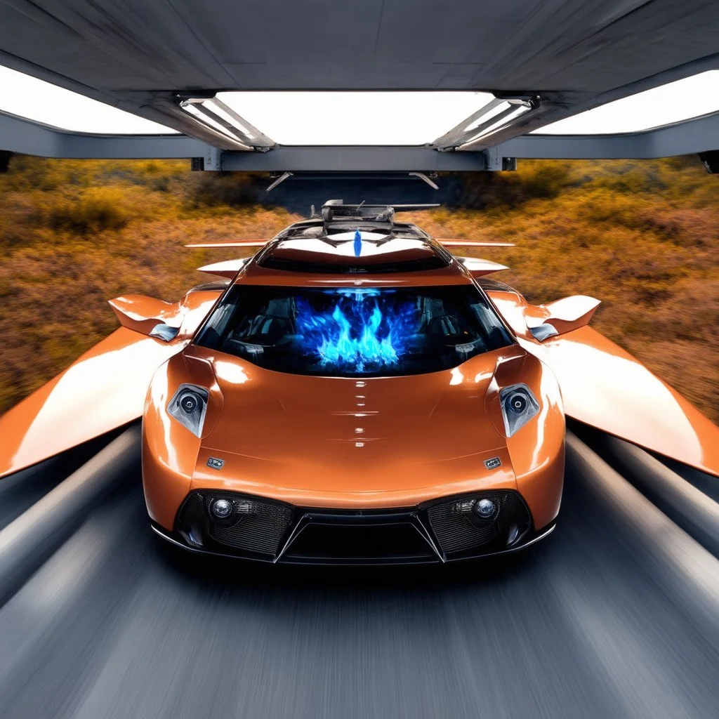 award winning car and driver photograph of a futuristic station wagon fighter-jet genetic-splice designed by only one vehicle per image painted metallic orange traveling at a high rate of speed, jet intake off of front center of vehicle and jet exhaust out the rear with bright blue flame, bilaterally symetrical, more a high speed road vehicle