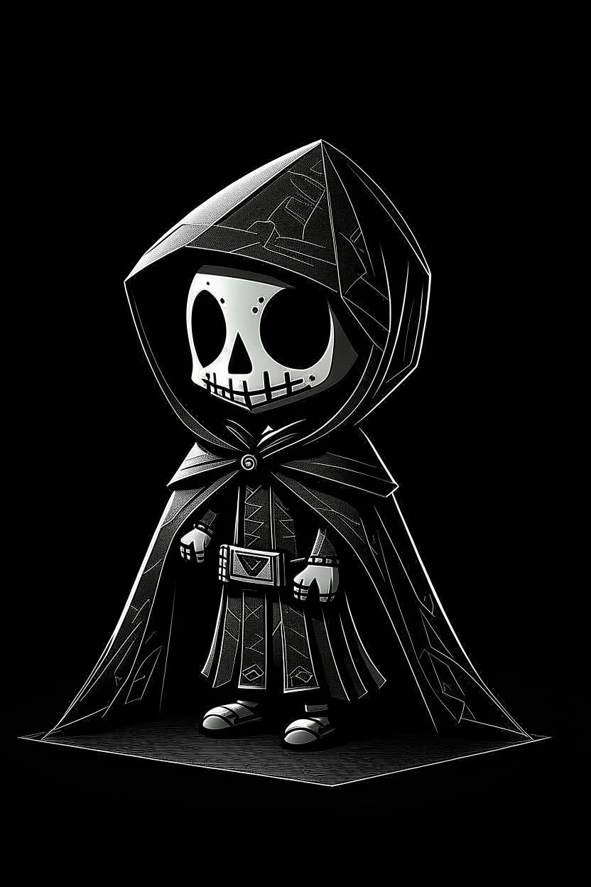 funko skeleton in a black hooded cloak drawn in a retro mascot style, inside a light diamond shape on a black background, monochromatic