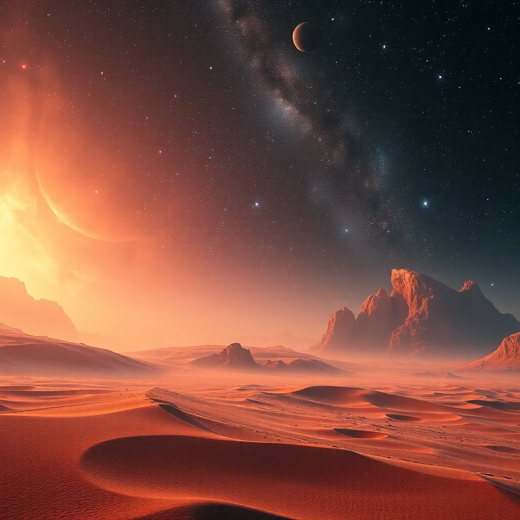 Cosmic landscape, visionary, ZBrush, details of the sand and dust very accentuated, volumetric light, Central Galactic conglomeration, Isaac Asimov, photography, hyperfuturistic, John Williams soundtrack