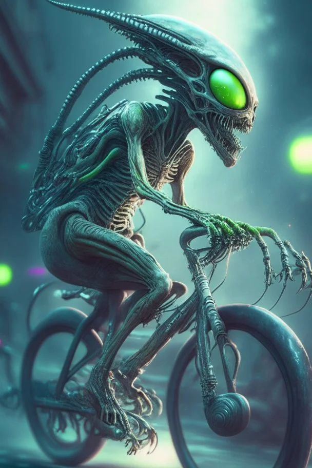 Alien riding a bike ,highly detailed, artstation, sharp focus,4k