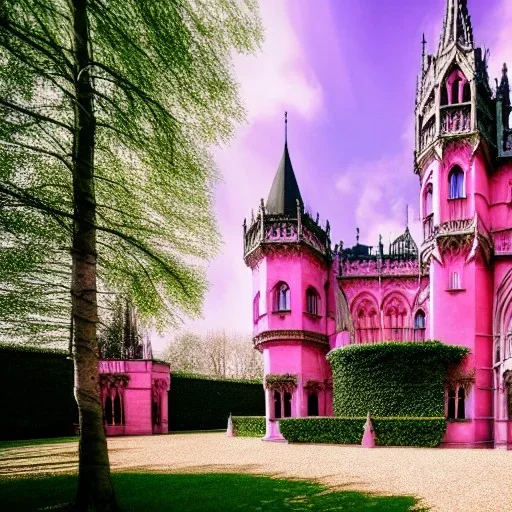 concept art, concept design, neogothic palace, neo gothic, aesteric, pink walls, pink exterior, glass exterior, english garden around, gardens, plants, trees, volumetric light, photorealistic, high quality, cinematic, sunny, natural blue sky, cozy clouds