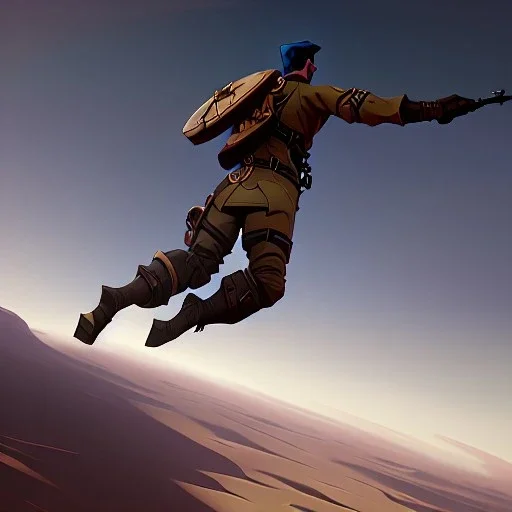 a soldier jumping off of an airship, during a war in a desert