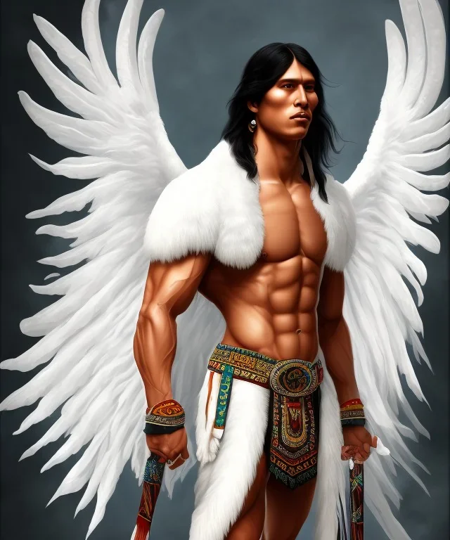 Athahualpa, native american warrior, long black hair, big muscles, white fabric coat like wings