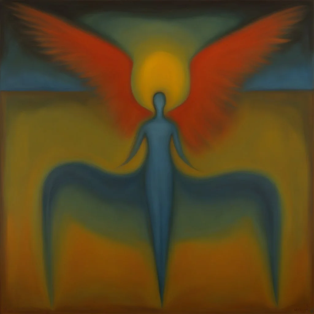 Since my angel stopped watching over me, he can freely unfold his wings and split the silence of the stars, semi-abstract painting by artist "Mark Rothko", by artist "Leonora Carrington"