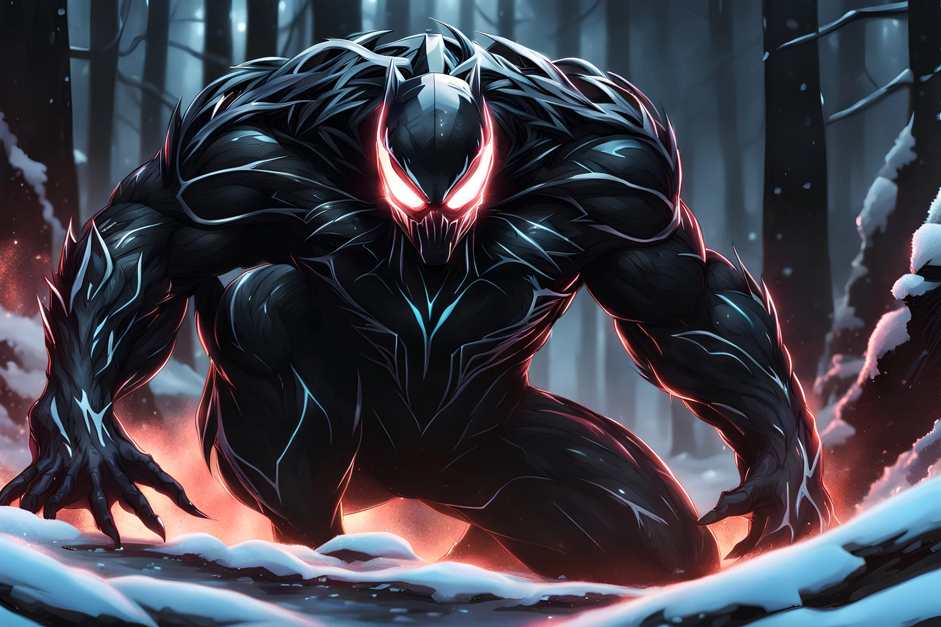 Shadow symbiote in 8k realistic anime drawing style, bear them, neon ice power, ice forest, highly detailed, high details, detailed portrait, masterpiece,ultra detailed, ultra quality